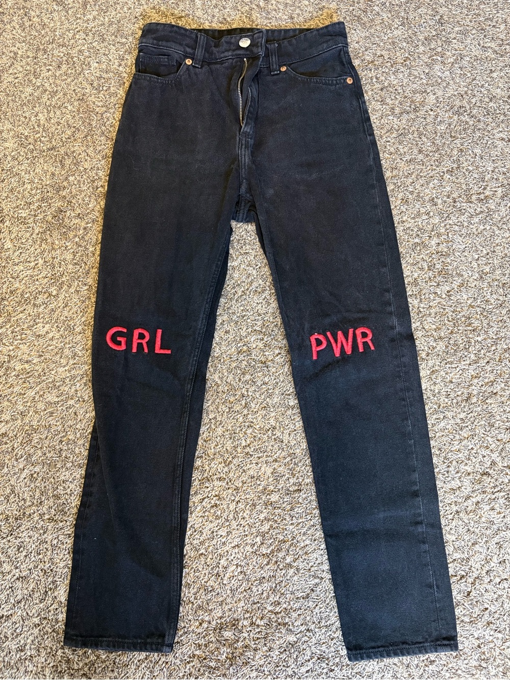 Monki Black High-Rise Straight Jeans with Red 'GRL PWR' Knees